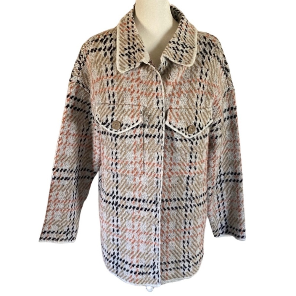 By Design Plaid Open Front Jacket Sweater. Size M. Buttoned Pockets.